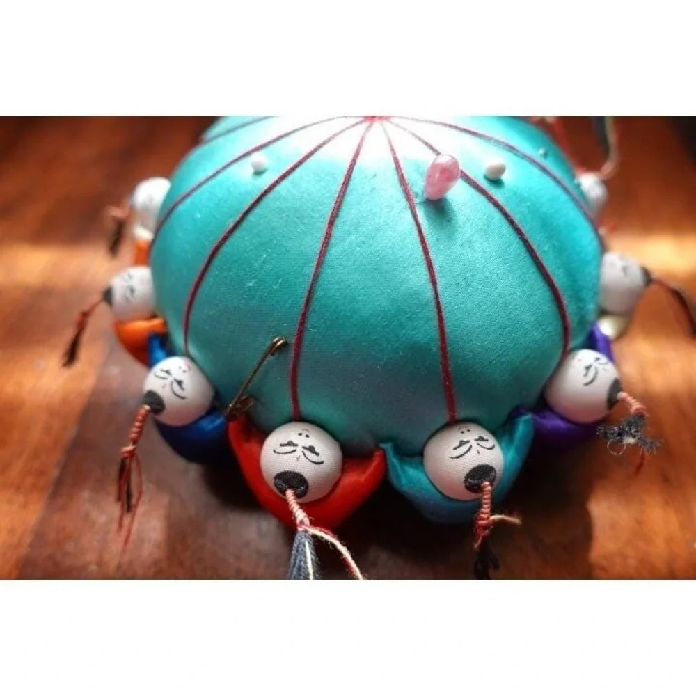 Vintage Asian Inspired‎ Pin Cushion Doll Cluster Teal Satin sewing DIY accesory